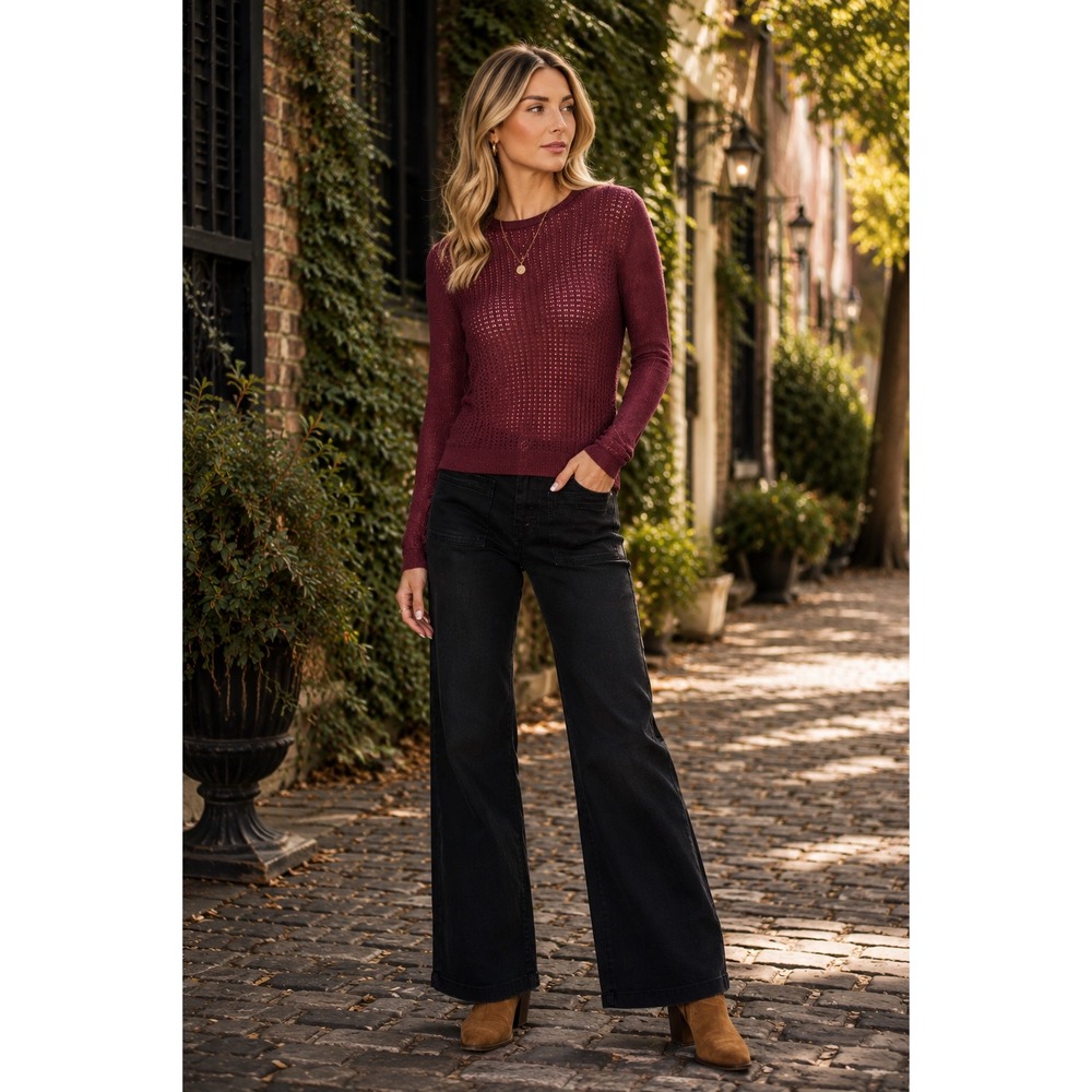 Free People H2O Crew Open Knit Top Raw Garnet Burgundy Medium NWT